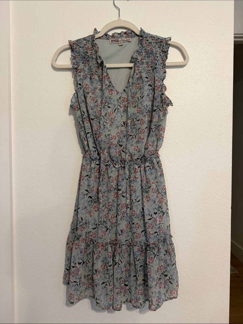 Gypsies & Moondust Dusty Blue Floral Ruffle Mini Dress